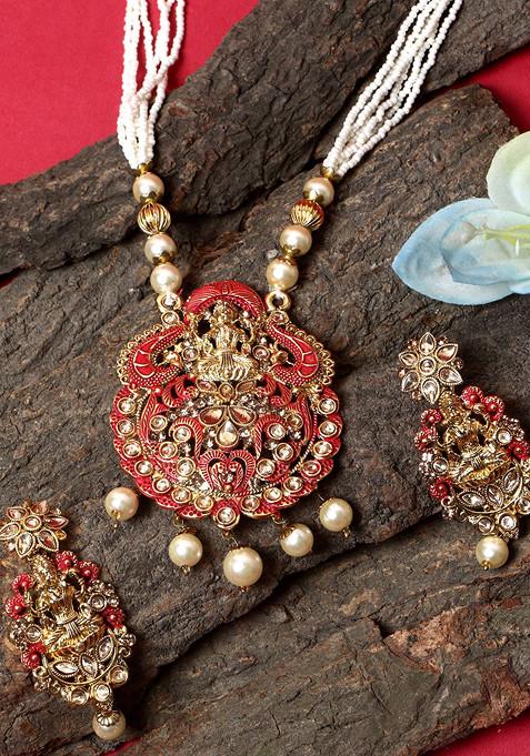 Red Matte Gold Finish Meenakari Pearl Temple Necklace Set