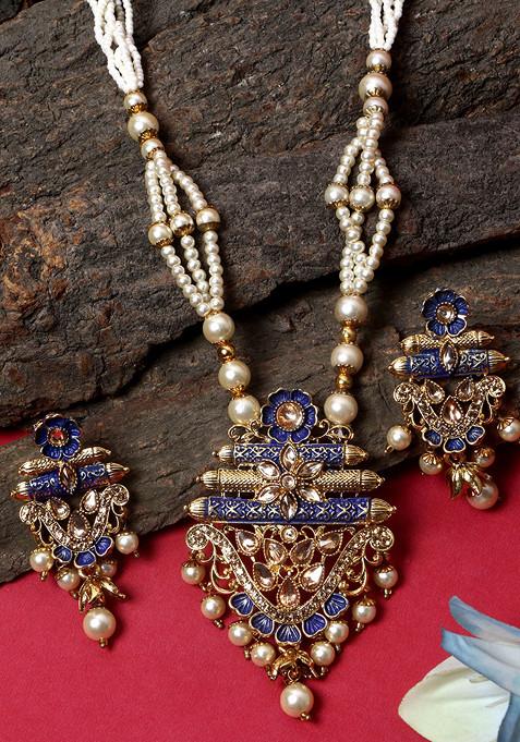 Blue Matte Gold Finish Meenakari Pearl Temple Necklace Set