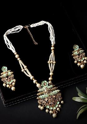 Green Matte Gold Finish Meenakari Pearl Necklace Set