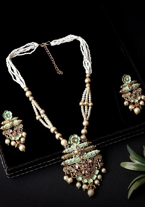 Green Matte Gold Finish Meenakari Pearl Necklace Set