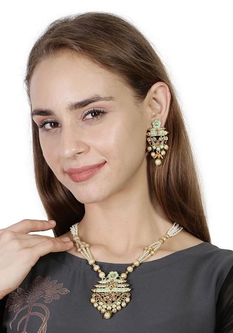 Green Matte Gold Finish Meenakari Pearl Necklace Set