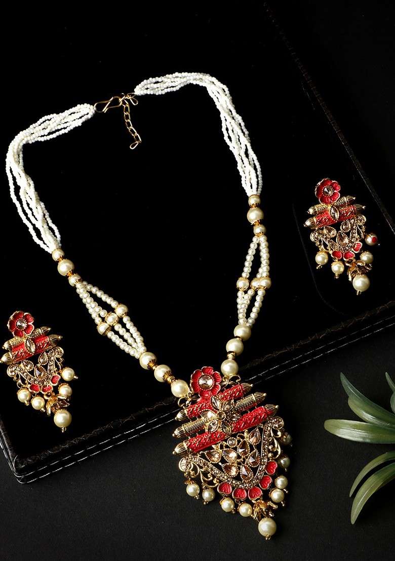 Red Matte Gold Finish Meenakari Pearl Necklace Set - Indya