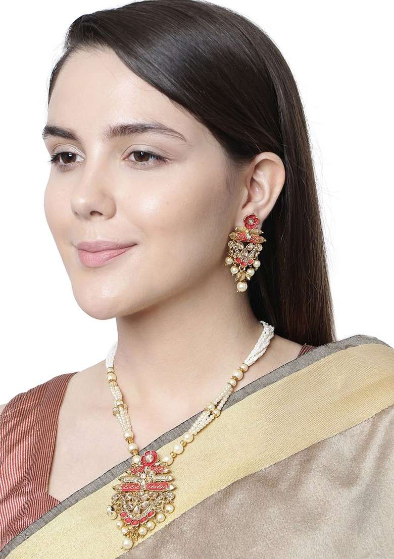 Red Matte Gold Finish Meenakari Pearl Necklace Set - Indya