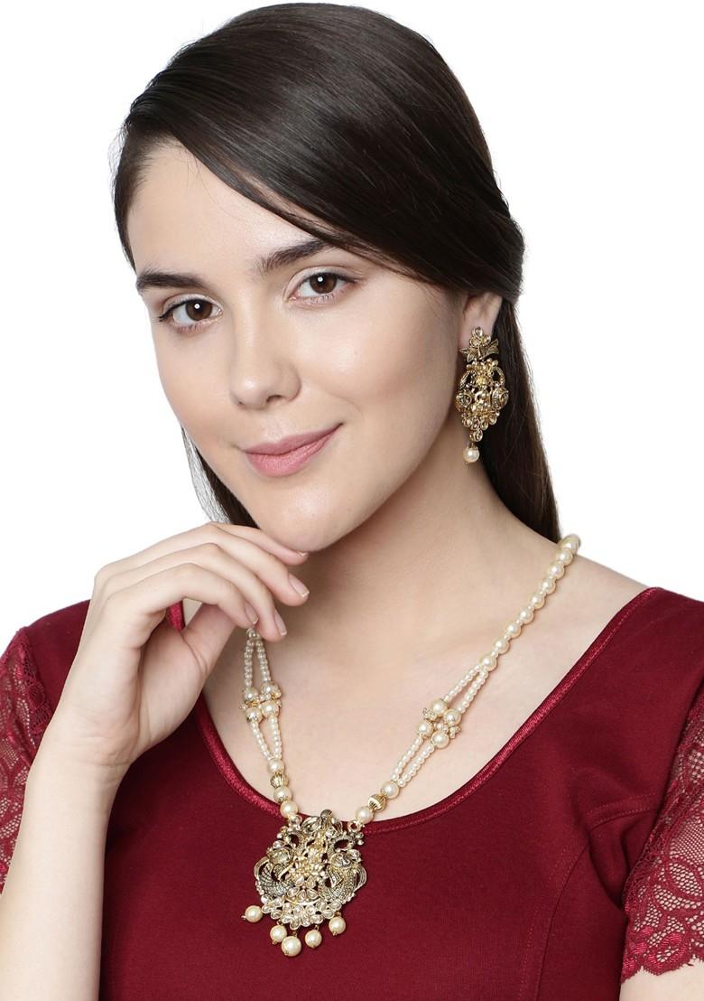 Black Matte Gold Finish Meenakari Pearl Temple Necklace Set - Indya