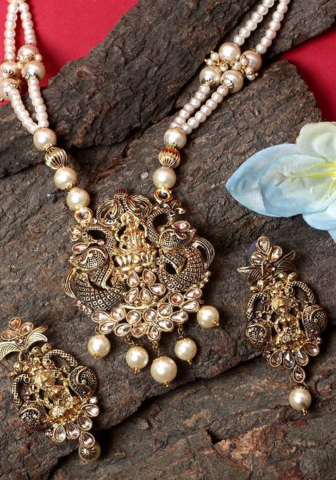 Black Matte Gold Finish Meenakari Pearl Temple Necklace Set