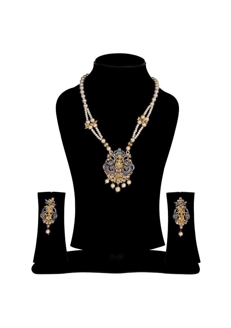 Blue Matte Gold Finish Maroon Stone Studded Temple Necklace Set - Indya