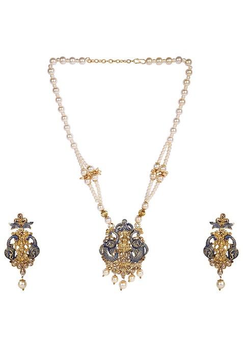 Blue Matte Gold Finish Maroon Stone Studded Temple Necklace Set