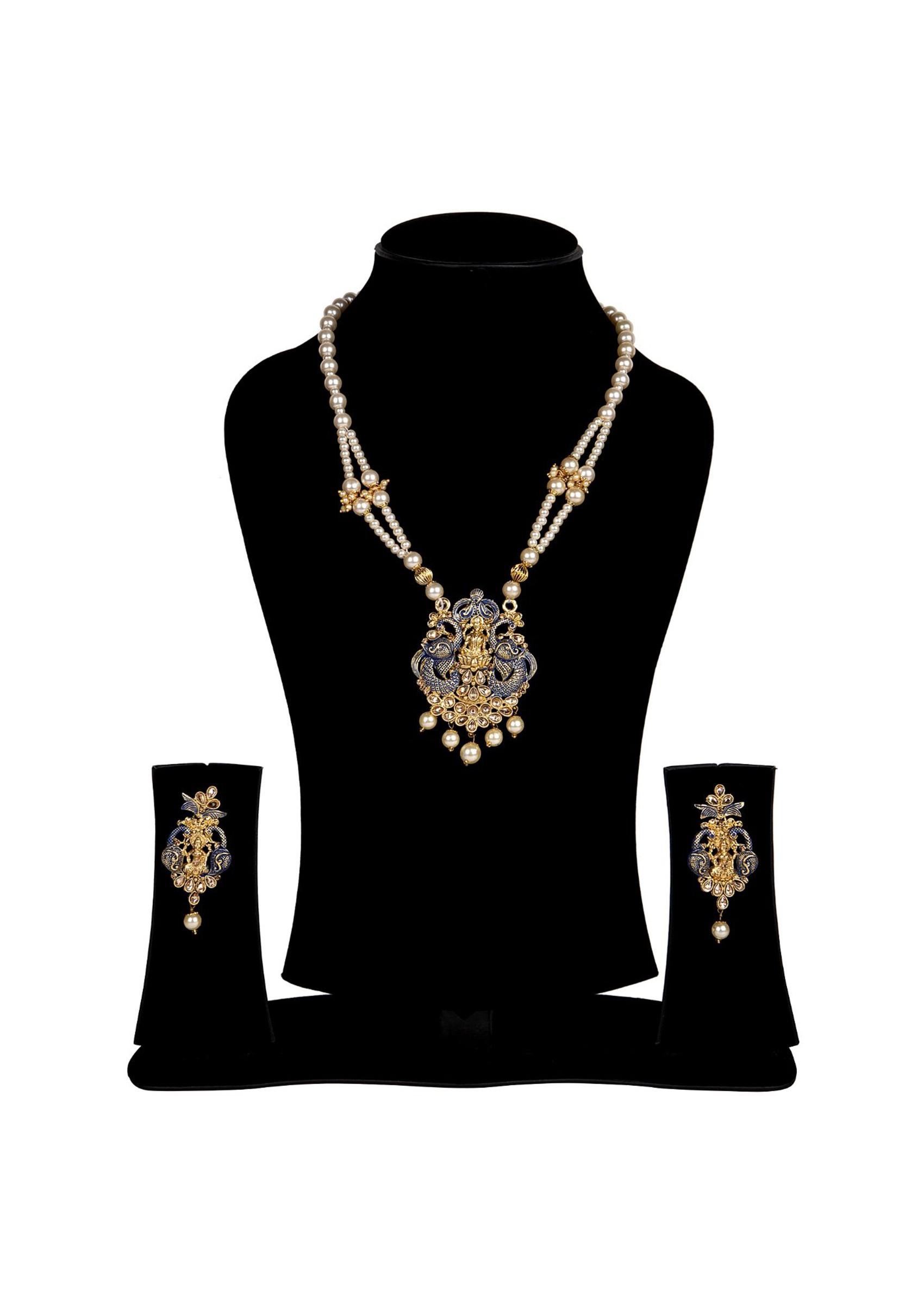 Blue Matte Gold Finish Maroon Stone Studded Temple Necklace Set - Indya