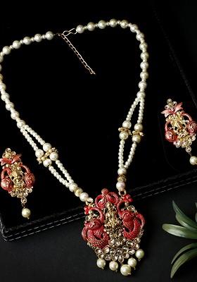 Red Matte Gold Finish Meenakari Pearl Temple Necklace Set