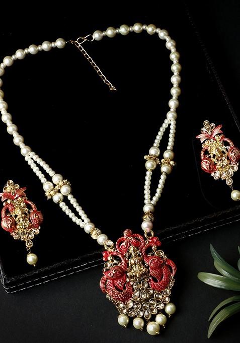 Red Matte Gold Finish Meenakari Pearl Temple Necklace Set