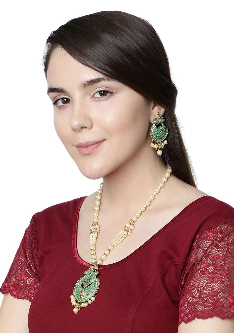 Green Matte Gold Finish Meenakari Pearl Necklace Set