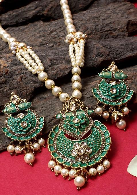 Green Matte Gold Finish Meenakari Pearl Necklace Set