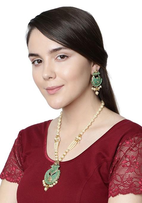Green Matte Gold Finish Meenakari Pearl Necklace Set