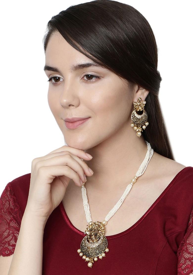 Black Matte Gold Finish Meenakari Pearl Necklace Set - Indya