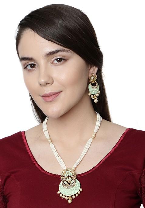 Green Matte Gold Finish Meenakari Pearl Necklace Set