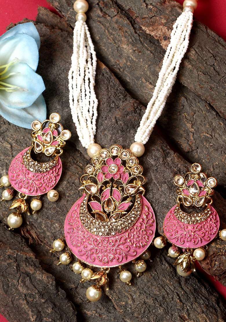 Pink Matte Gold Finish Meenakari Pearl Necklace Set - Indya