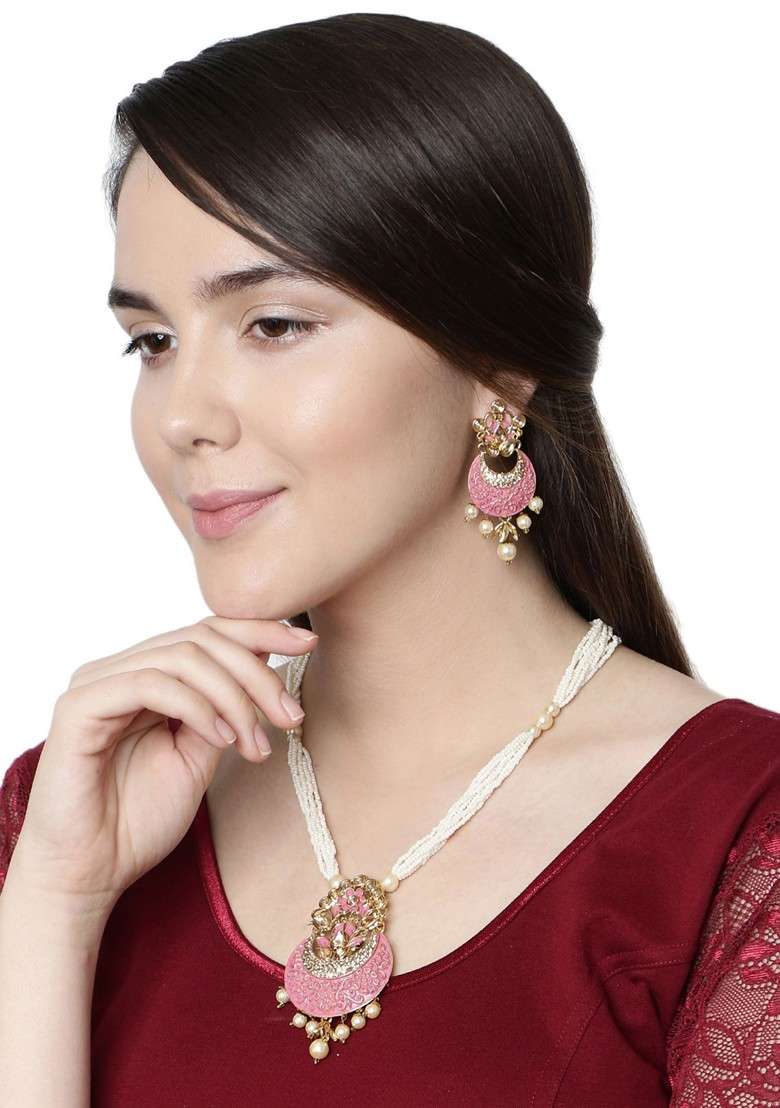 Pink Matte Gold Finish Meenakari Pearl Necklace Set - Indya