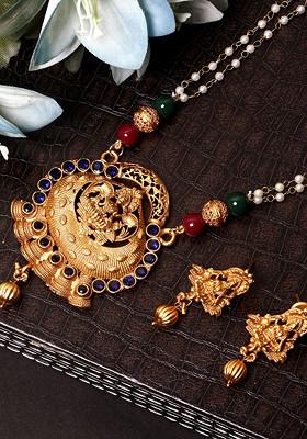 Blue Gold Plated Maa Laxmi Stone Studded Necklace Set