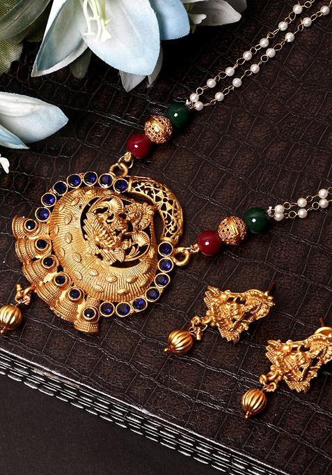 Blue Gold Plated Maa Laxmi Stone Studded Necklace Set