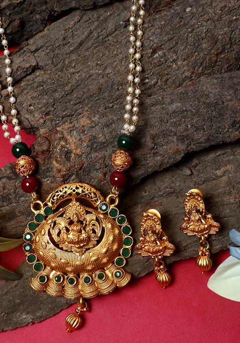 Green Gold Plated Maa Laxmi Stone Studded Necklace Set