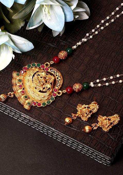 Multicolor Gold Plated Maa Laxmi Stone Studded Necklace Set