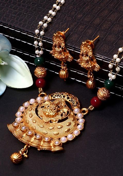 White Gold Plated Maa Laxmi Stone Studded Necklace Set