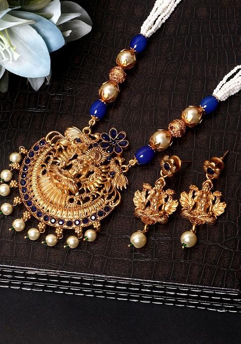 Blue Gold Plated Maa Laxmi Stone Studded Necklace Set