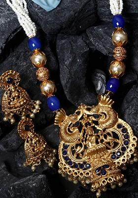 Blue Gold Plated Maa Laxmi Stone Studded Necklace Set