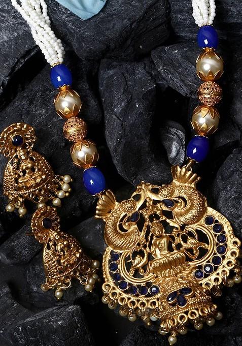 Blue Gold Plated Maa Laxmi Stone Studded Necklace Set