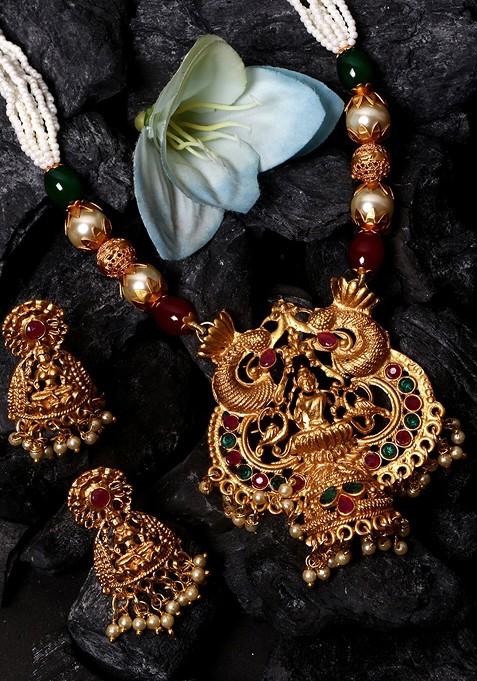 Multicolor Gold Plated Maa Laxmi Stone Studded Necklace Set