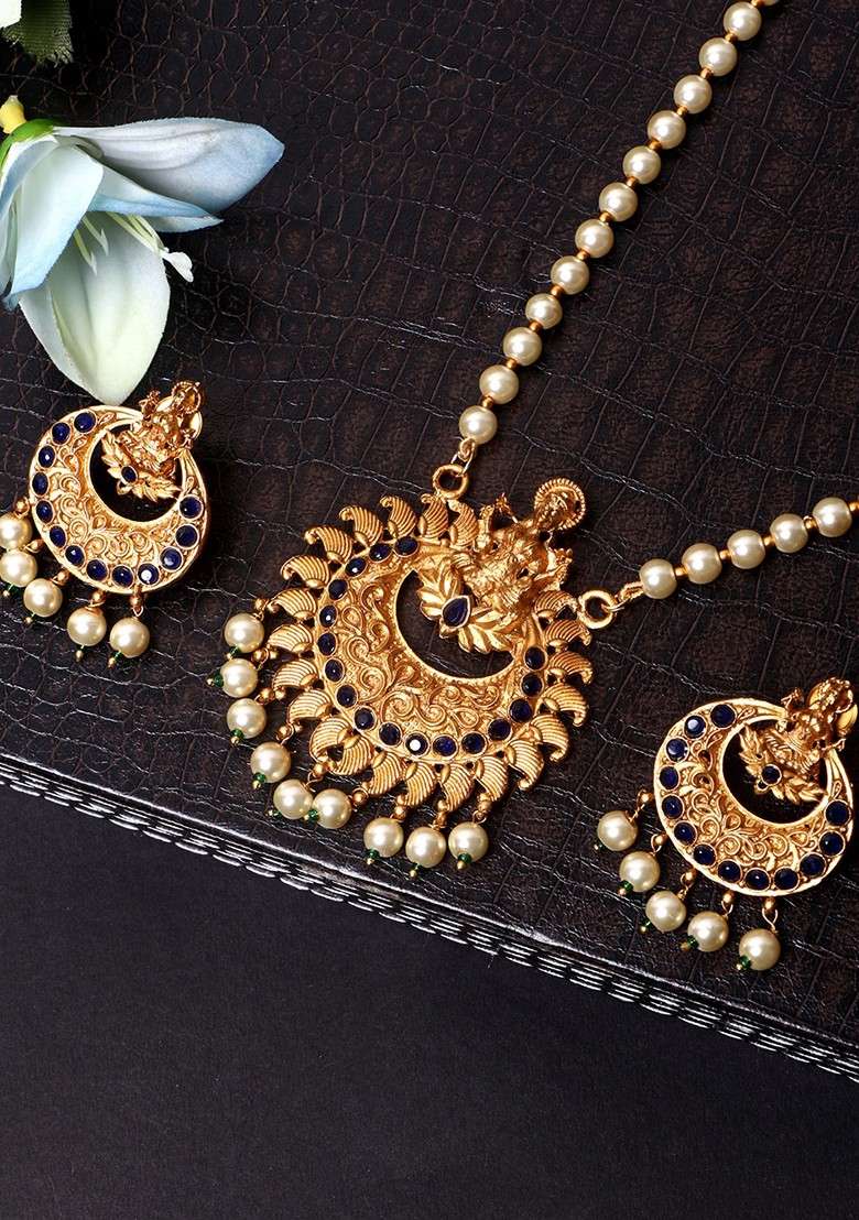 Blue Gold Plated Maa Laxmi Stone Studded Necklace Set - Indya