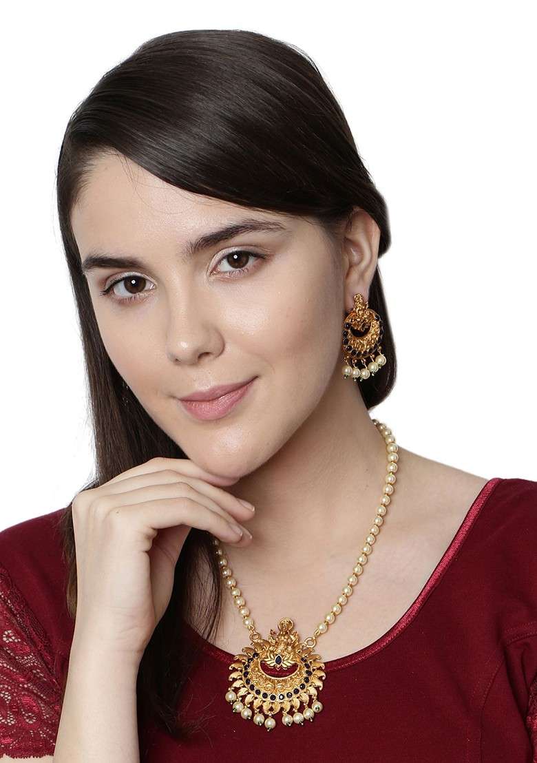 Blue Gold Plated Maa Laxmi Stone Studded Necklace Set - Indya