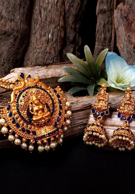 Blue Matte Gold Finish Goddess Laxmi Stone Studded Temple Necklace Set