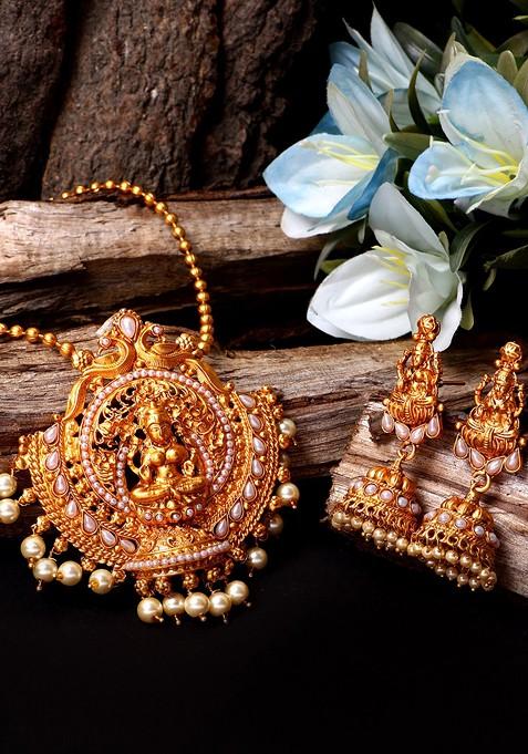 White Matte Gold Finish Goddess Laxmi Stone Studded Temple Necklace Set