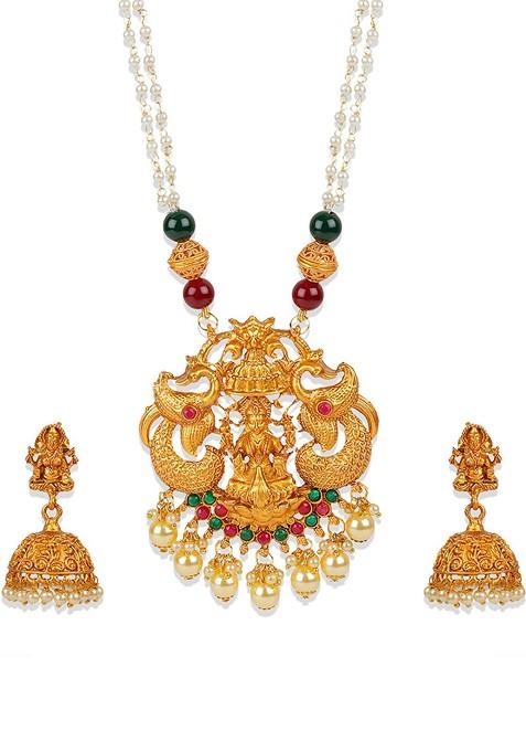 Multicolour Matte Gold Finish Goddess Laxmi Green Stone Studded Temple Necklace Set