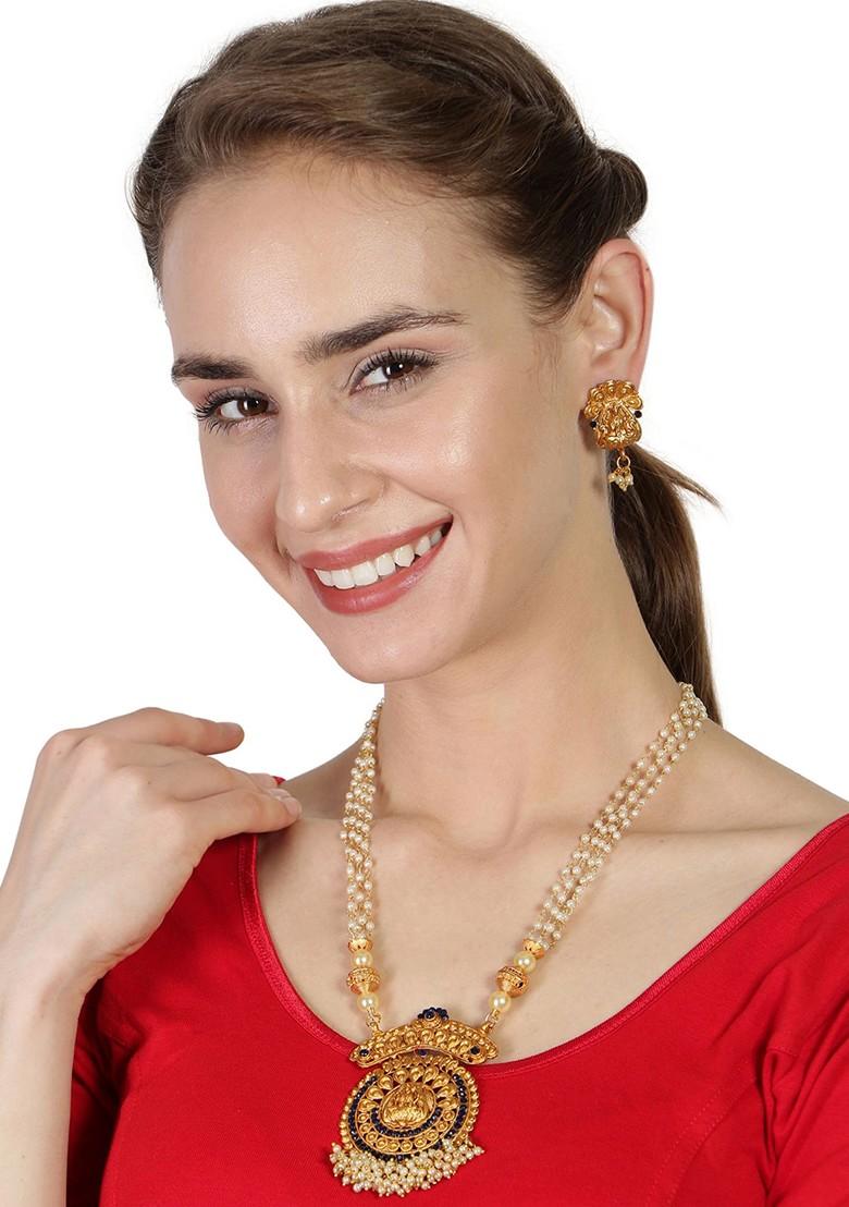 Blue Matte Gold Finish Goddess Laxmi Stone Studded Temple Necklace Set - Indya