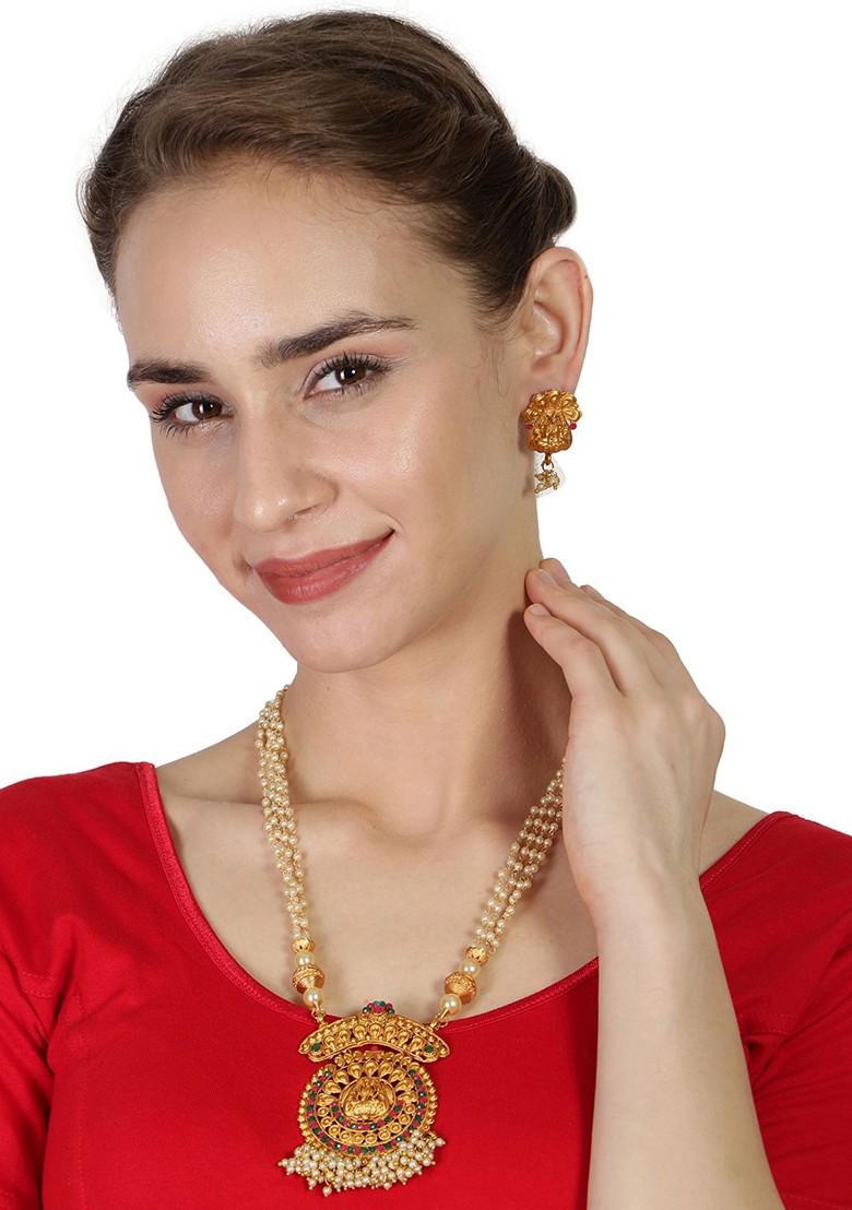 Multicolour Matte Gold Finish Goddess Laxmi Green Stone Studded Temple Necklace Set