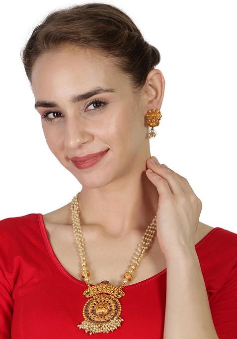 Multicolour Matte Gold Finish Goddess Laxmi Green Stone Studded Temple Necklace Set