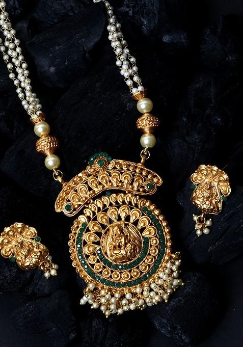 Green Matte Gold Finish Goddess Laxmi Stone Studded Temple Necklace Set