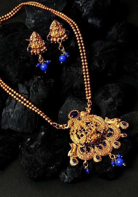 Blue Matte Gold Finish Stone Studded Temple Necklace Set