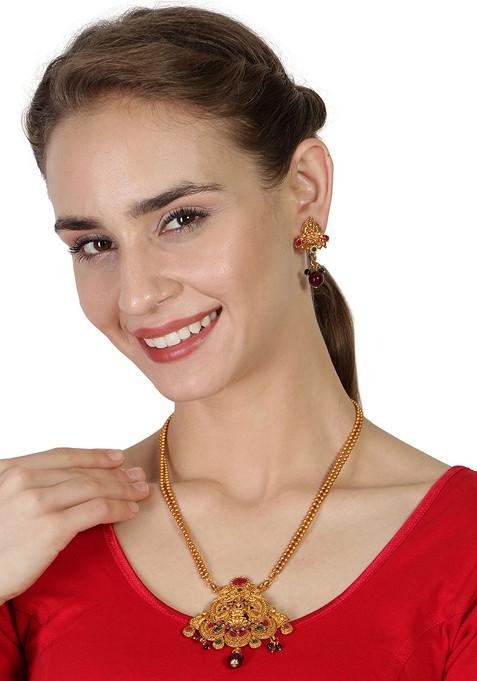Multicolour Matte Gold Finish Green Stone Studded Temple Necklace Set