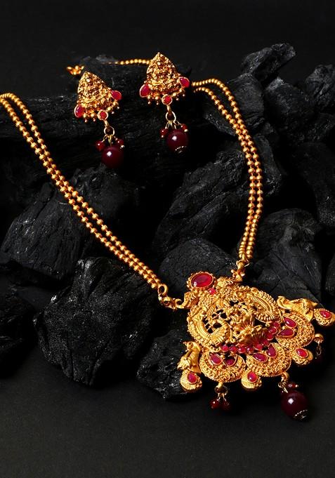 Maroon Matte Gold Finish Stone Studded Temple Necklace Set