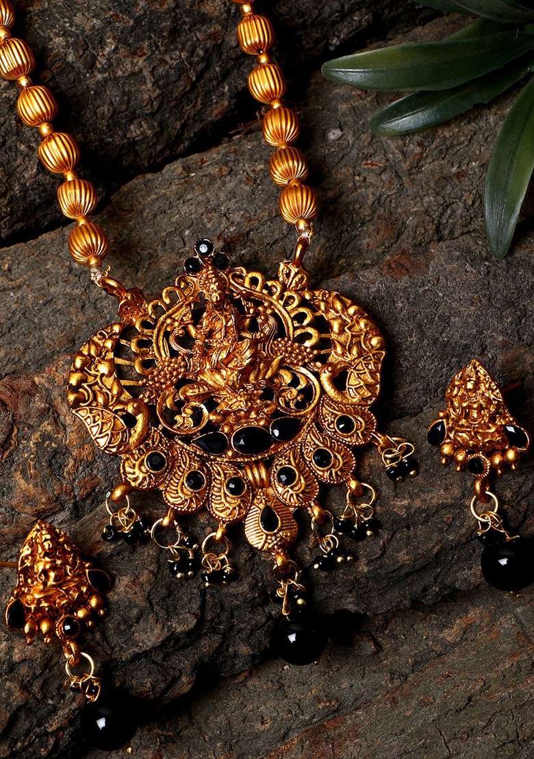 Black Matte Gold Finish Stone Studded Temple Necklace Set - Indya