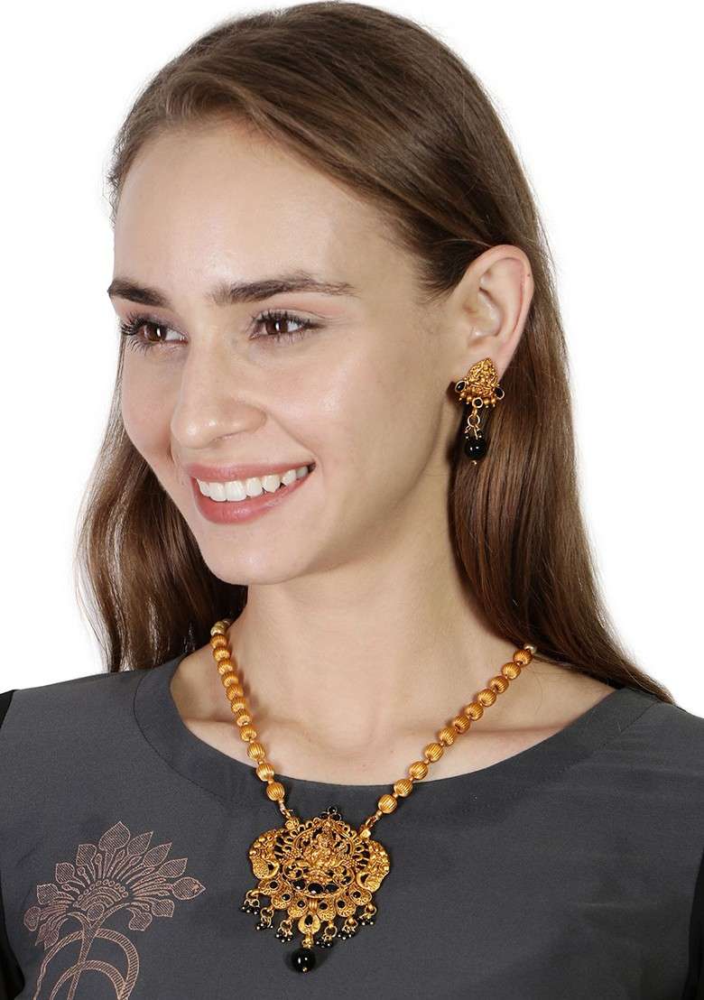 Black Matte Gold Finish Stone Studded Temple Necklace Set - Indya