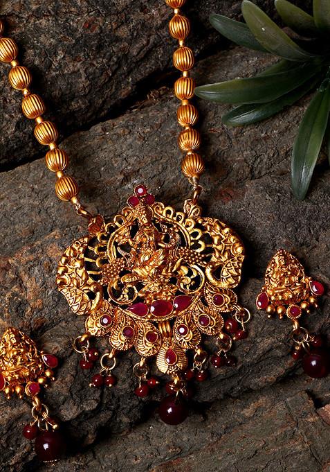 Maroon Matte Gold Finish Stone Studded Temple Necklace Set