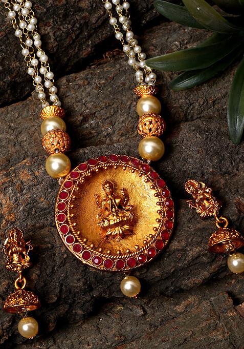 Maroon Matte Gold Finish Goddess Laxmi Stone Studded Temple Necklace Set