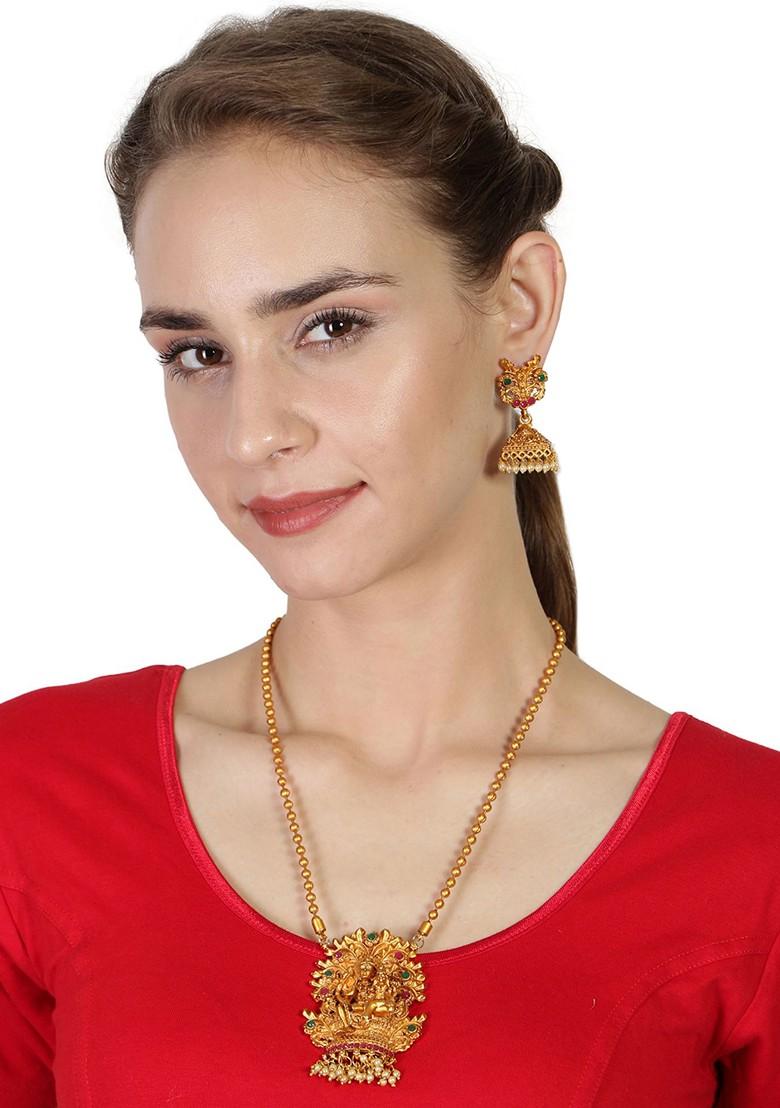 Multicolour Matte Gold Finish Green Stone Studded Temple Necklace Set