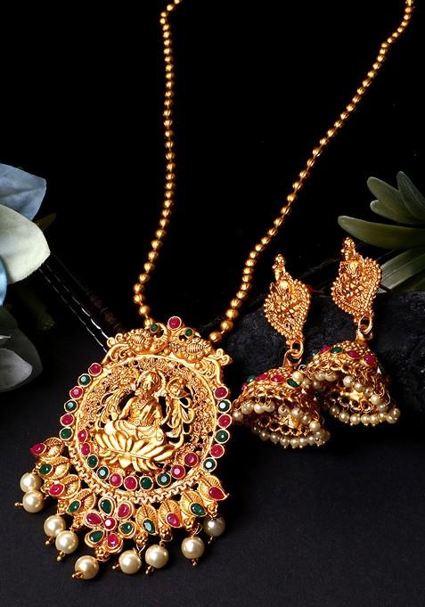 Multicolour Matte Gold Finish Goddess Laxmi Green Stone Studded Temple Necklace Set