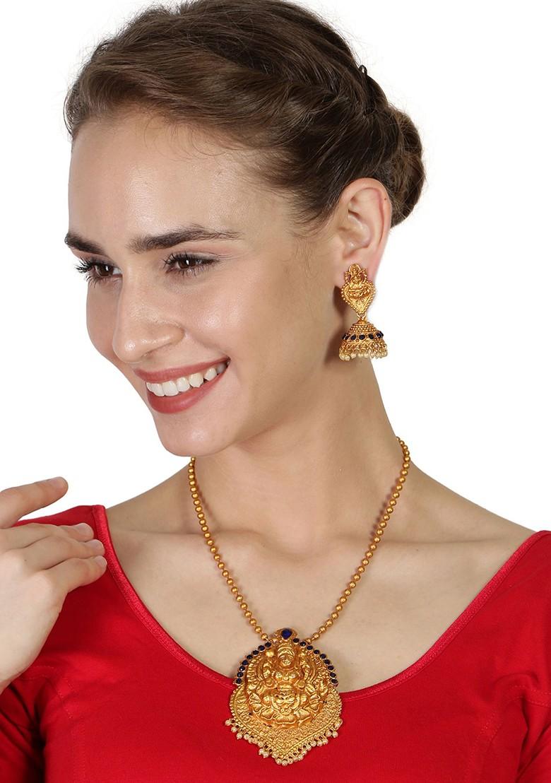 Blue Matte Gold Finish Stone Studded Temple Necklace Set - Indya