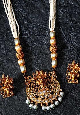 White Gold Plated Maa Laxmi Stone Studded Necklace Set